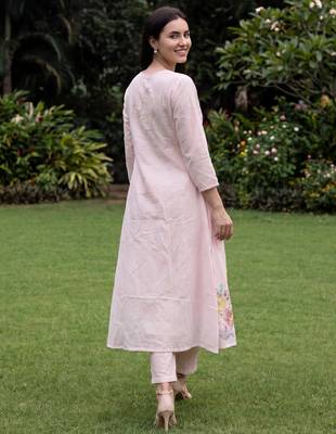Pink embroidered pure cotton kurta trouser dupatta set 3