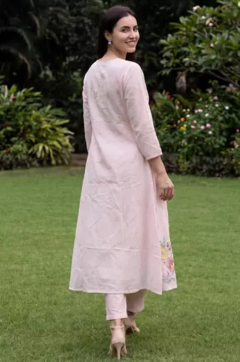 Pink embroidered pure cotton kurta trouser dupatta set