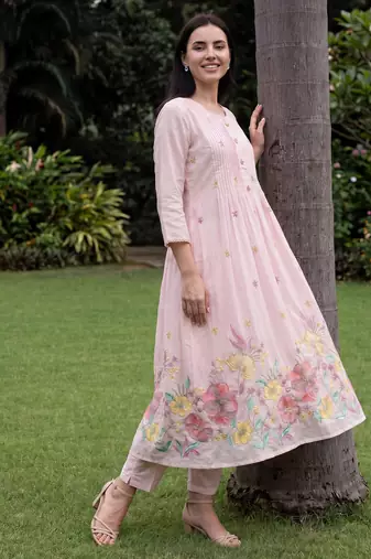 Pink embroidered pure cotton kurta trouser dupatta set