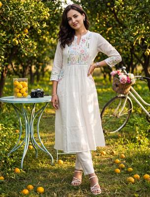 Off white embroidered pure cotton kurta trouser dupatta set 1