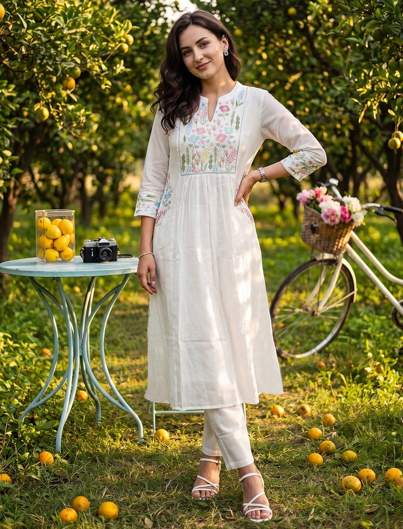 Off white embroidered pure cotton kurta trouser dupatta set