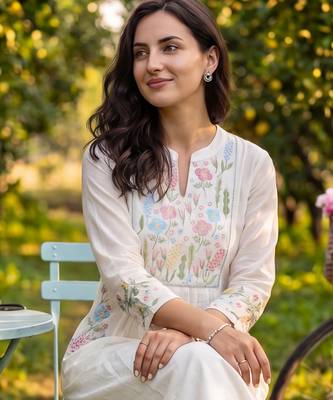 Off white embroidered pure cotton kurta trouser dupatta set 4