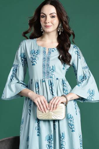 Blue printed pure cotton kurta trouser dupatta set