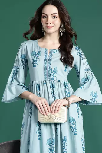 Blue printed pure cotton kurta trouser dupatta set