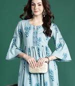 Blue printed pure cotton kurta trouser dupatta set