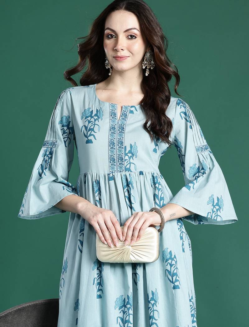 Blue printed pure cotton kurta trouser dupatta set