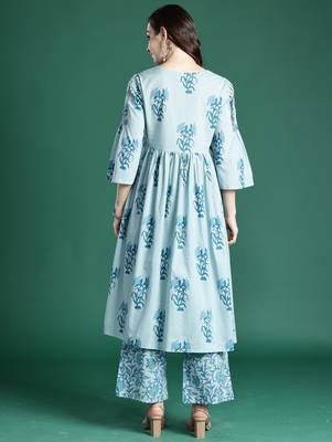 Blue printed pure cotton kurta trouser dupatta set 2