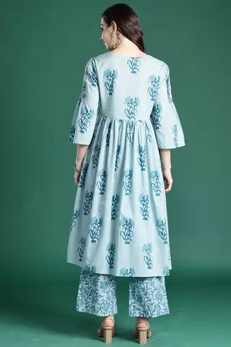 Blue printed pure cotton kurta trouser dupatta set