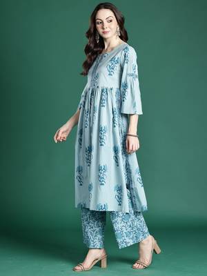 Blue printed pure cotton kurta trouser dupatta set 3