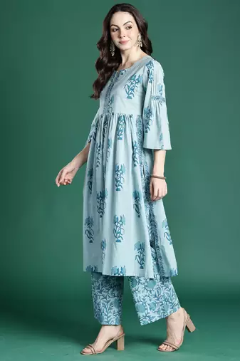 Blue printed pure cotton kurta trouser dupatta set