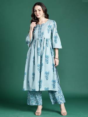 Blue printed pure cotton kurta trouser dupatta set 4