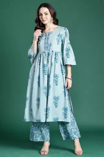 Blue printed pure cotton kurta trouser dupatta set