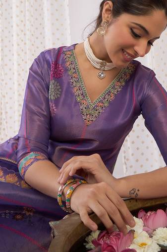 Lavender printed silk blend kurta trouser dupatta set