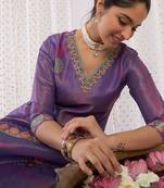 Lavender printed silk blend kurta trouser dupatta set