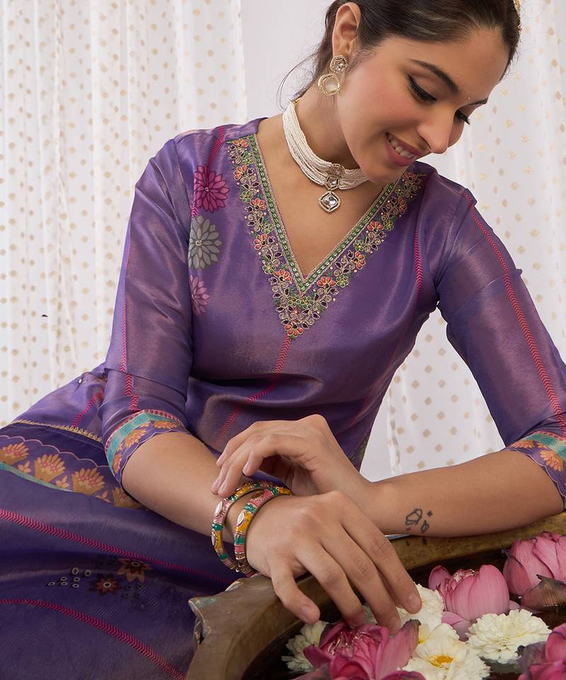 Lavender printed silk blend kurta trouser dupatta set