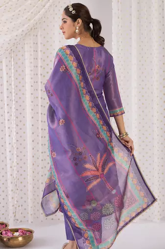Lavender printed silk blend kurta trouser dupatta set