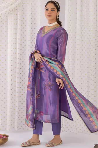 Lavender printed silk blend kurta trouser dupatta set