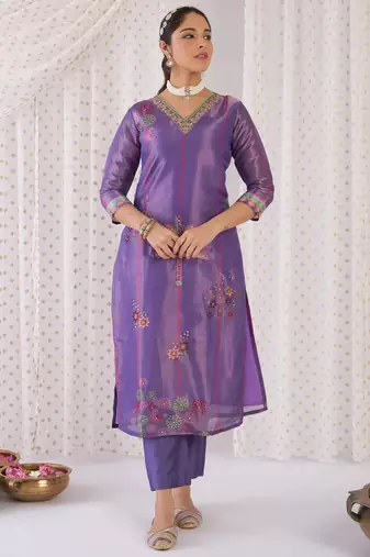 Lavender printed silk blend kurta trouser dupatta set