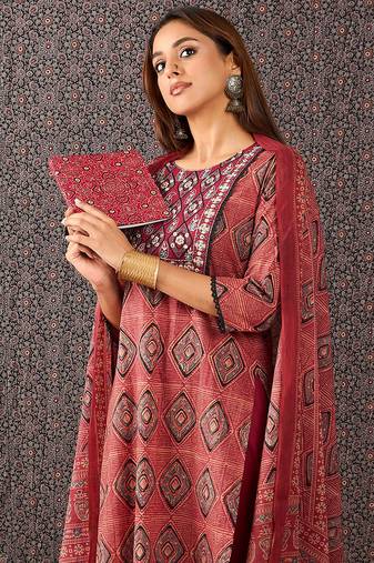 Orange printed pure cotton kurta trouser dupatta set