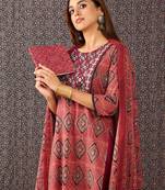 Orange printed pure cotton kurta trouser dupatta set
