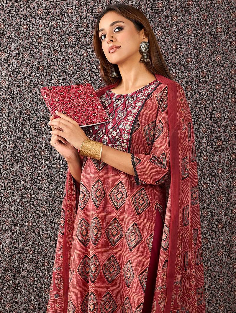 Orange printed pure cotton kurta trouser dupatta set