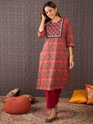 Orange printed pure cotton kurta trouser dupatta set 4