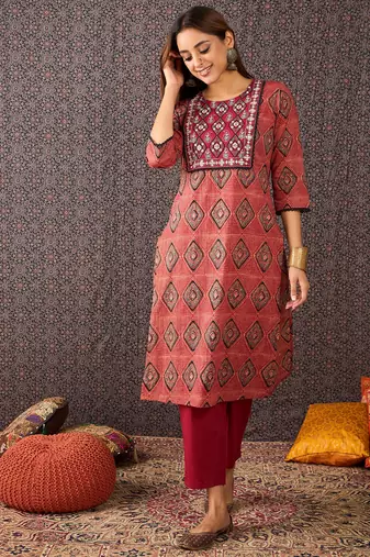 Orange printed pure cotton kurta trouser dupatta set