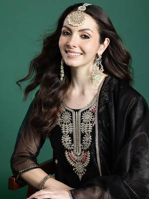Black embroidered net kurta trouser dupatta set 1