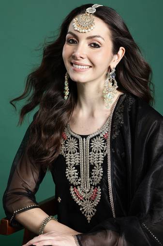 Black embroidered net kurta trouser dupatta set