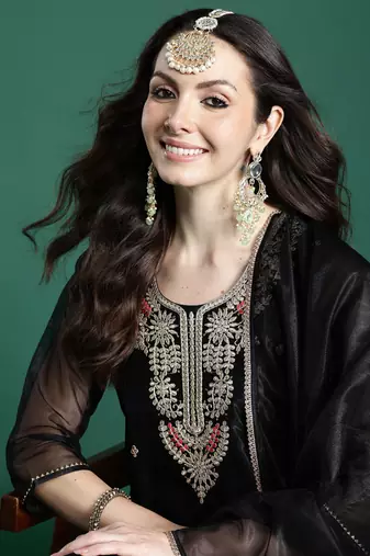 Black embroidered net kurta trouser dupatta set