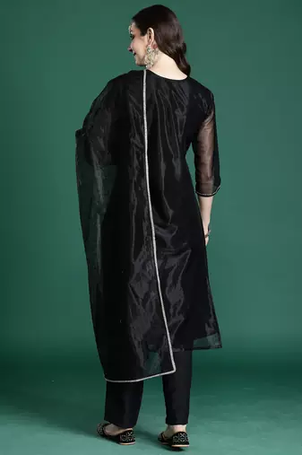 Black embroidered net kurta trouser dupatta set