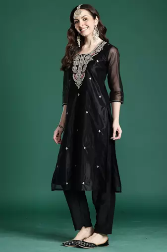 Black embroidered net kurta trouser dupatta set