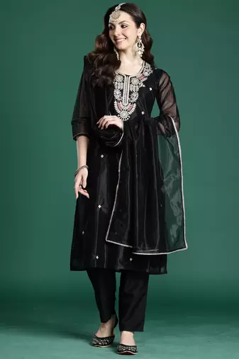 Black embroidered net kurta trouser dupatta set