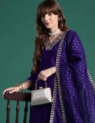 Purple embroidered silk blend kurta trouser dupatta set 2