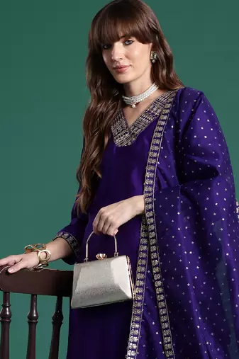 Purple embroidered silk blend kurta trouser dupatta set