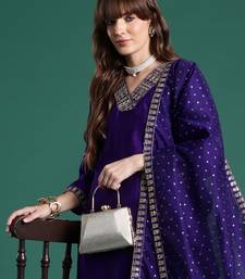 Purple embroidered silk blend kurta trouser dupatta set