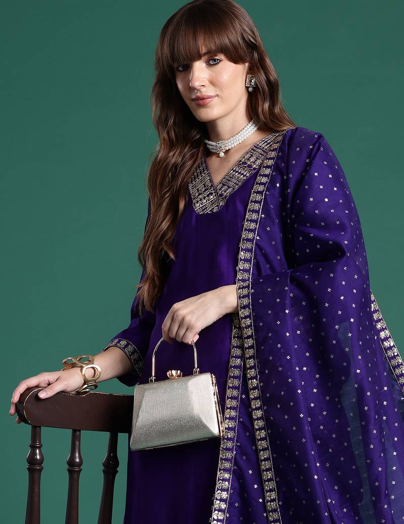 Purple embroidered silk blend kurta trouser dupatta set