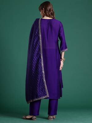 Purple embroidered silk blend kurta trouser dupatta set 3