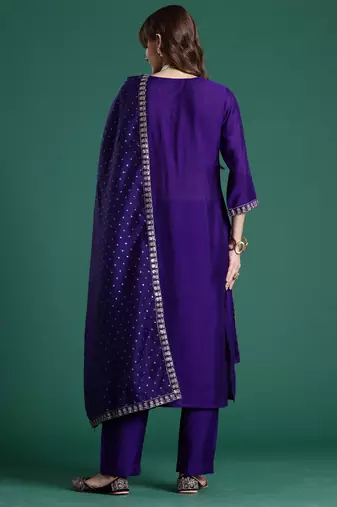 Purple embroidered silk blend kurta trouser dupatta set