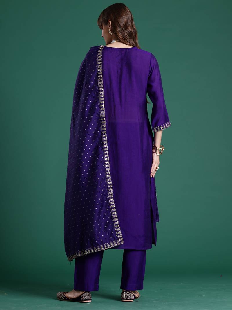 Purple embroidered silk blend kurta trouser dupatta set