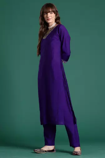 Purple embroidered silk blend kurta trouser dupatta set