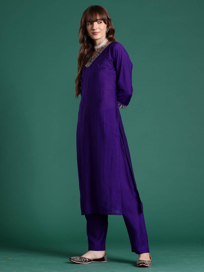Purple embroidered silk blend kurta trouser dupatta set