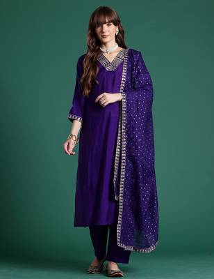 Purple embroidered silk blend kurta trouser dupatta set 1