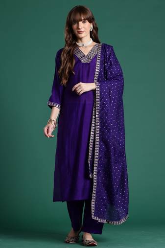 Purple embroidered silk blend kurta trouser dupatta set
