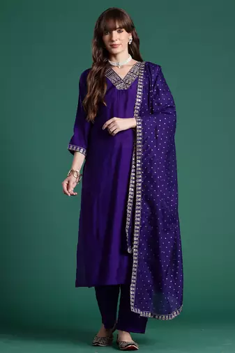 Purple embroidered silk blend kurta trouser dupatta set