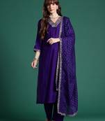Purple embroidered silk blend kurta trouser dupatta set