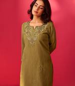 Green embroidered silk blend kurta trouser dupatta set