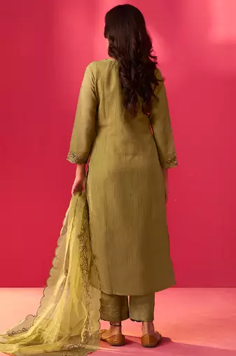 Green embroidered silk blend kurta trouser dupatta set