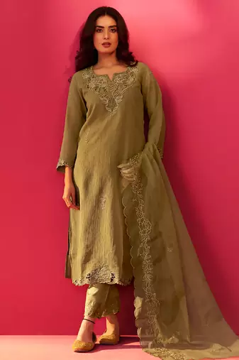 Green embroidered silk blend kurta trouser dupatta set