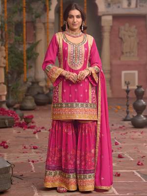 Pink embroidered chinon kurta trouser dupatta set 1